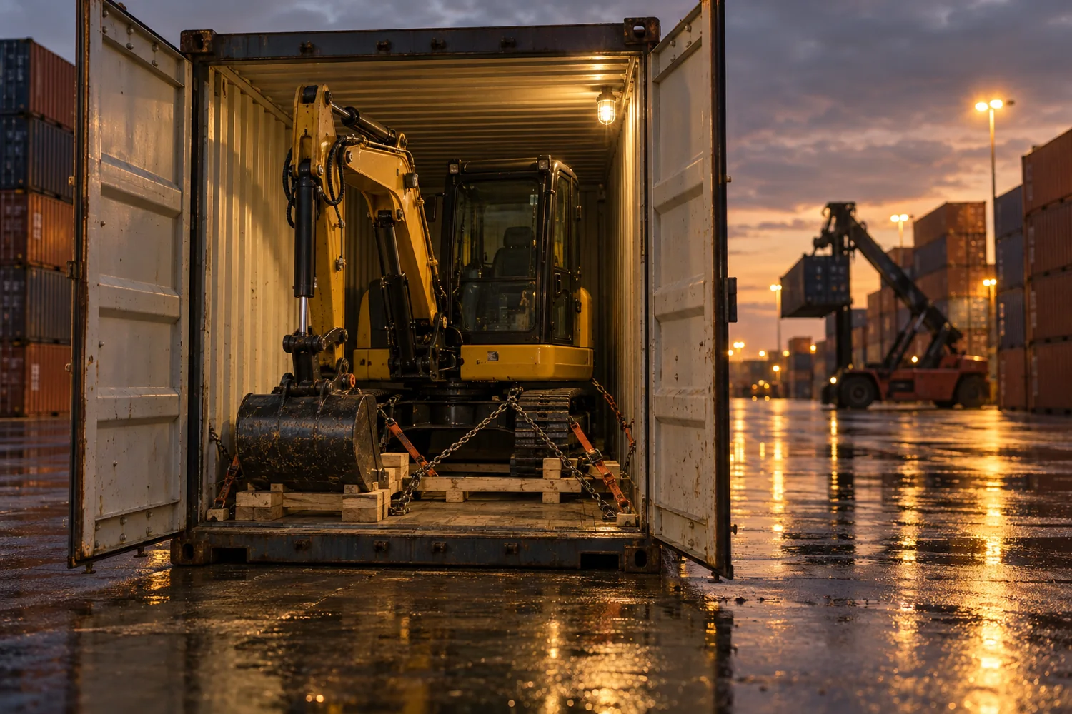 Heavy equipment prepared in container for export