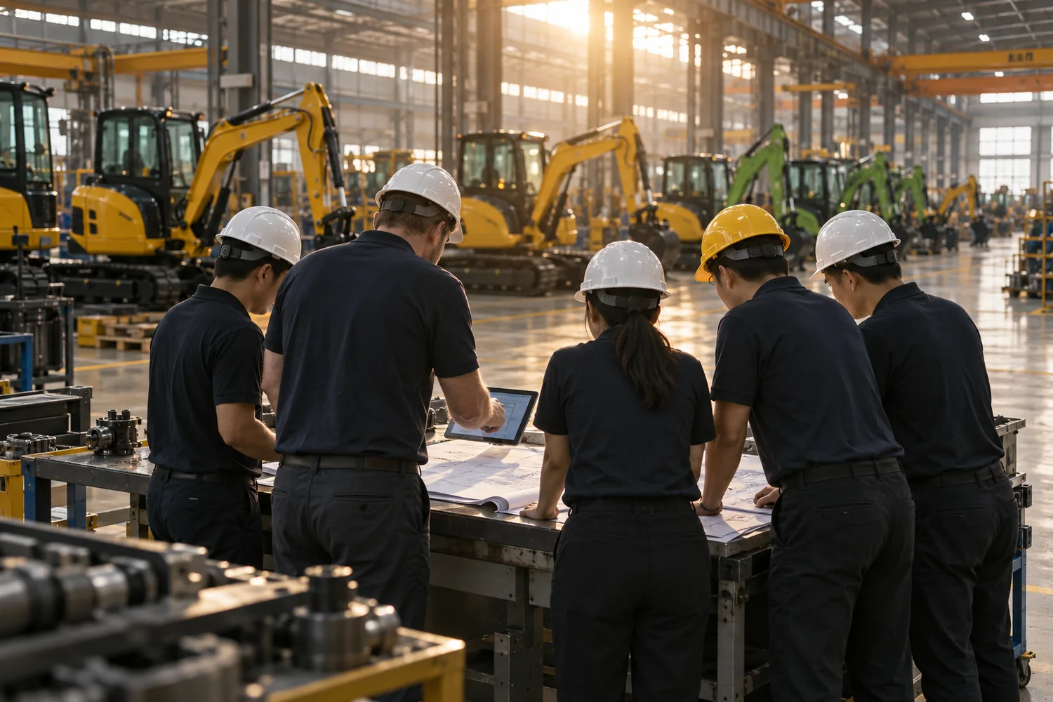 Engineering team in heavy equipment factory